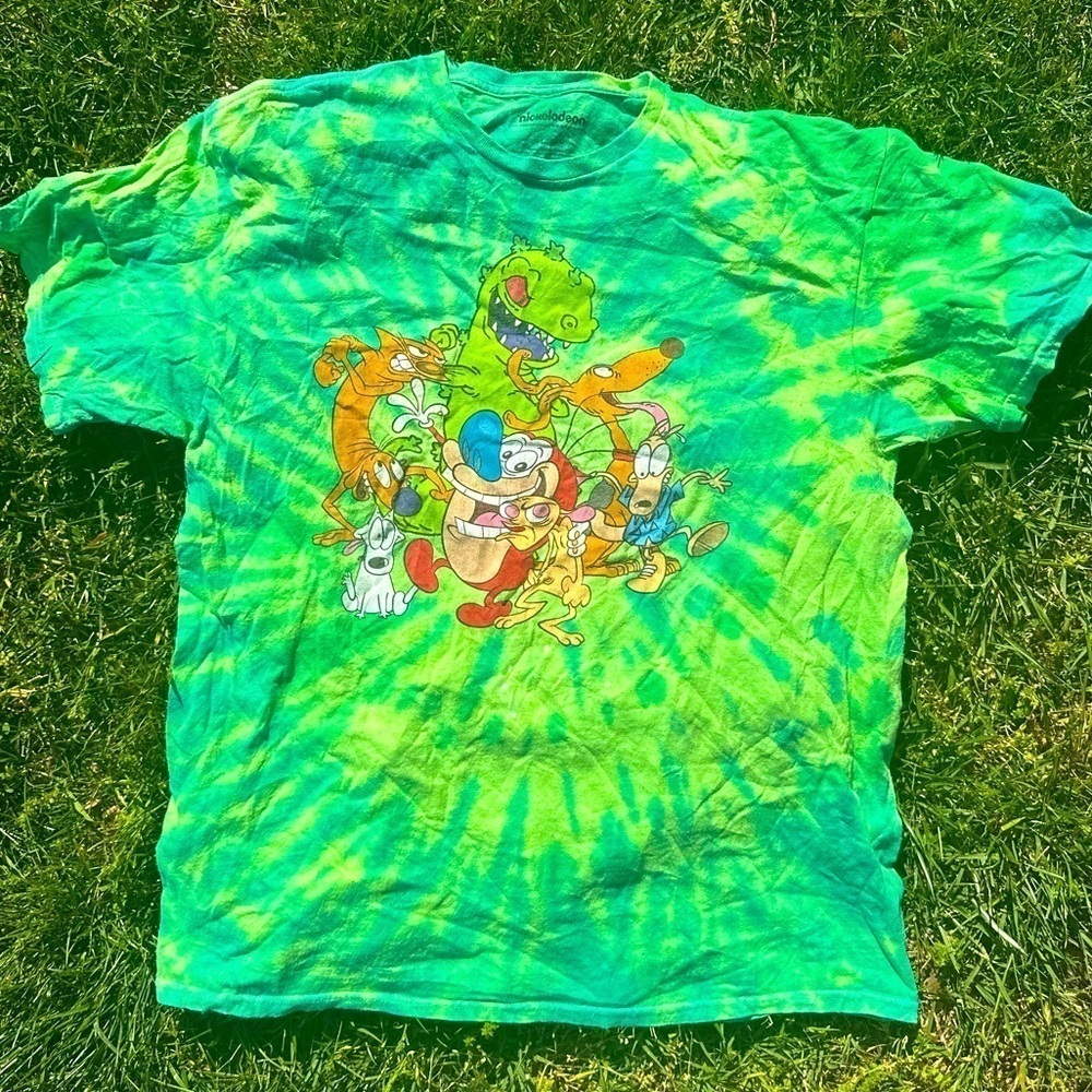 Nickelodeon Green Tie Dye Cat Dog Ren & Stimpy Rocko Cartoon T-Shirt Large